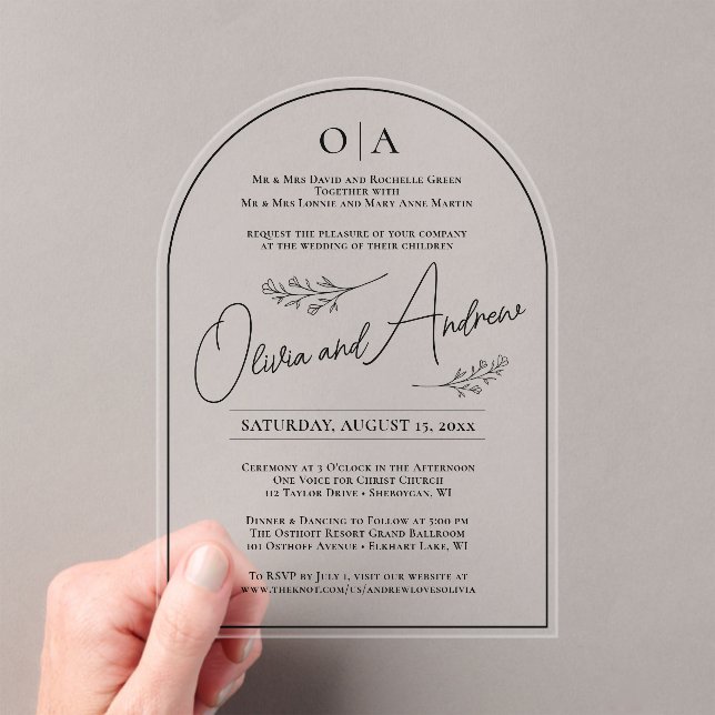 Invitations En Acrylique Simple Elegant Black Botanical Floral Arch Wedding (In situ (ordinateur de poche))