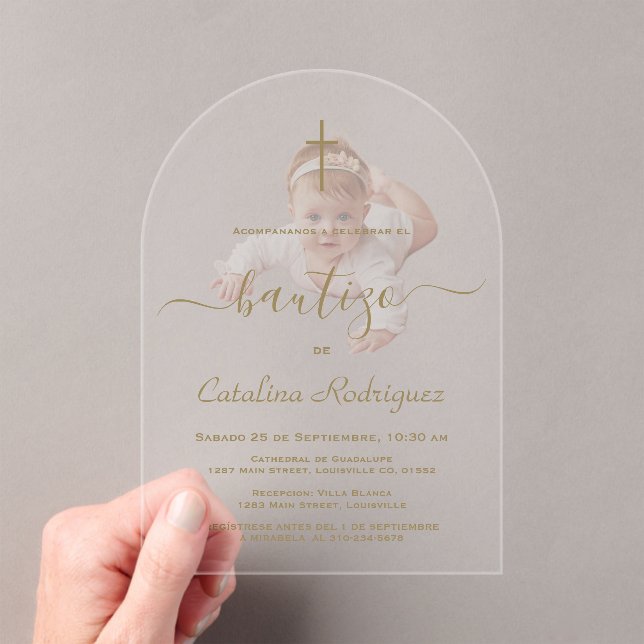 Invitations En Acrylique Simple Elegant Calligraphy Baby Photo Baptism  (In situ (ordinateur de poche))