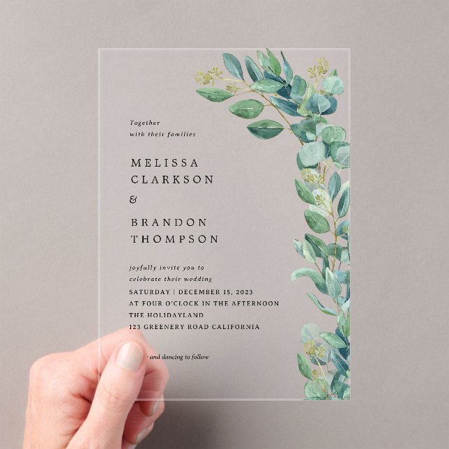 Invitations En Acrylique Simple Elégant Rustic Greenery Eucalyptus Mariage (In situ (ordinateur de poche))