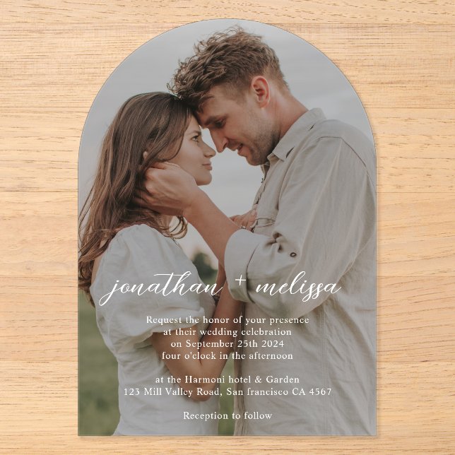 Invitations En Acrylique Simple Élégant Script Photo Mariage Fluide (Recto)