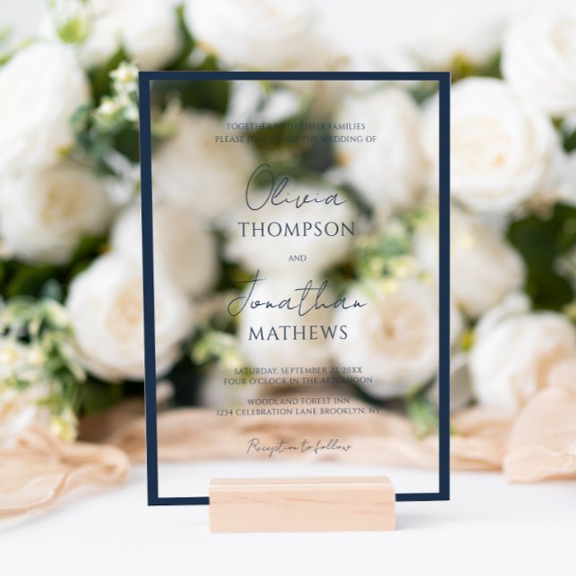 Invitations En Acrylique Simple mariage bleu marine bordure blanc script (Créateur téléchargé)