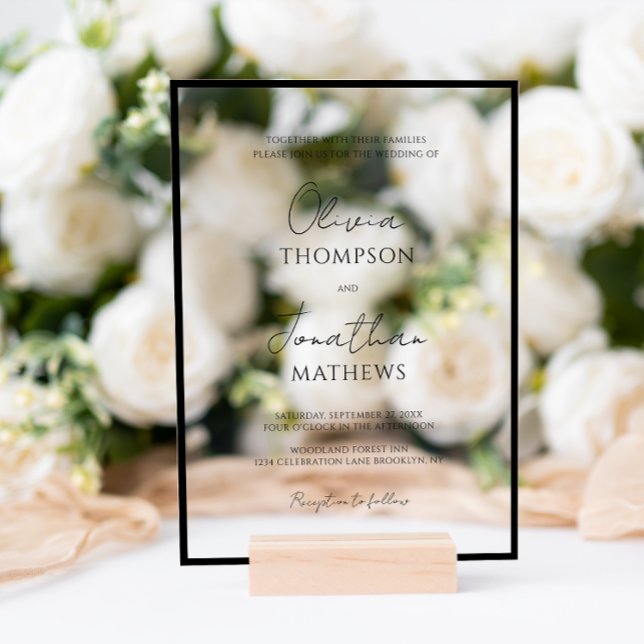 Invitations En Acrylique Simple Mariage Écriture Blanche Bordure Noire (Créateur téléchargé)