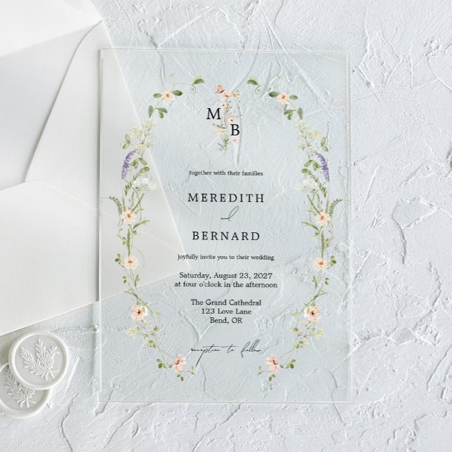 Invitations En Acrylique Simple Mariage Monogramme Fleur des Champs Rustiqu (Créateur téléchargé)