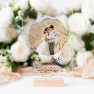 Invitations En Acrylique Simple Mariage Photo Rond Noir et Blanc