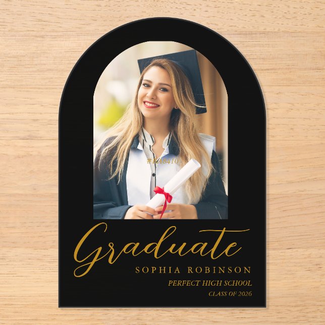 Invitations En Acrylique Simple Modern Arch Photo Gold Script Graduation  (Recto)