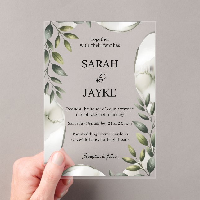 Invitations En Acrylique Simple Modern Minimal Green Leaf Wedding Acrylic  (In situ (ordinateur de poche))