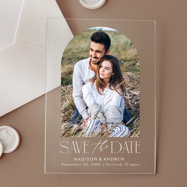 Invitations En Acrylique Simple Moderne Arche Blanche Photo Save The Date (Créateur téléchargé)