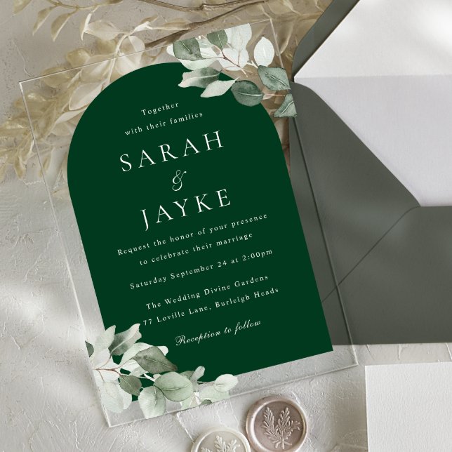 Invitations En Acrylique Simple Moderne Feuille Vert Émeraude Mariage (Créateur téléchargé)