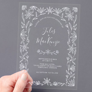 Invitations En Acrylique Simple moderne Floral Line Art Mariage blanc