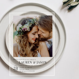 Invitations En Acrylique Simple Moderne Mariage Photo Noir & Blanc