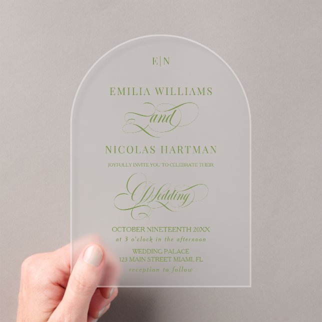 Invitations En Acrylique Simple Monogramme Vert Mariage  (In situ (ordinateur de poche))