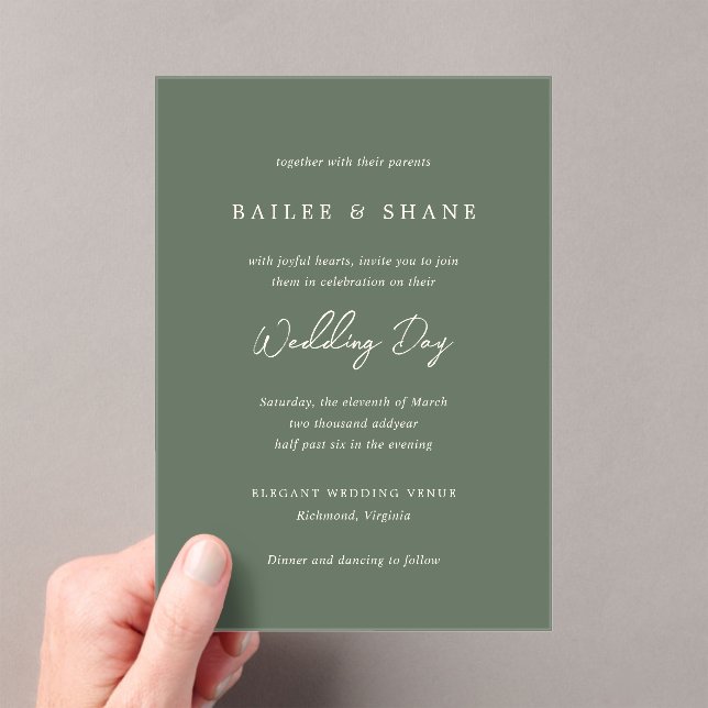 Invitations En Acrylique Simple Olive Green Mariage moderne (In situ (ordinateur de poche))