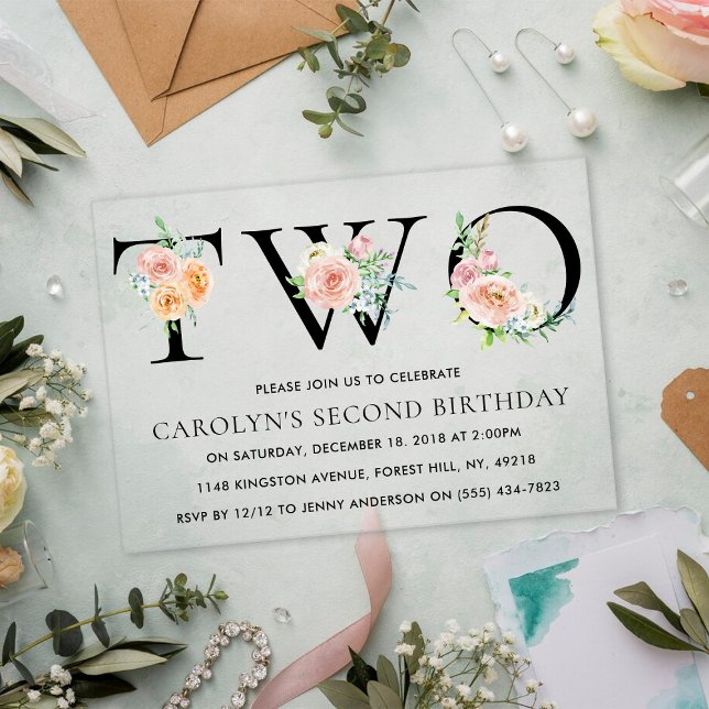 Invitations En Acrylique Simply Elegant Floral DEUX 2e fête d'anniversaire (Créateur téléchargé)