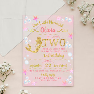 Invitations En Acrylique Sirène Paillettes Rose et Or pour 2e Anniversaire