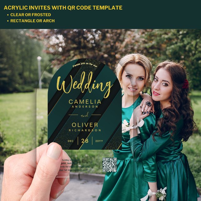 Invitations En Acrylique Site Web de RSVP Code QR Mariage ACRYLIQUE Vert Or (Créateur téléchargé)
