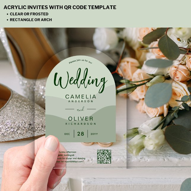 Invitations En Acrylique Site Web RSVP Code QR Mariage Acrylique Vert Olive (Créateur téléchargé)
