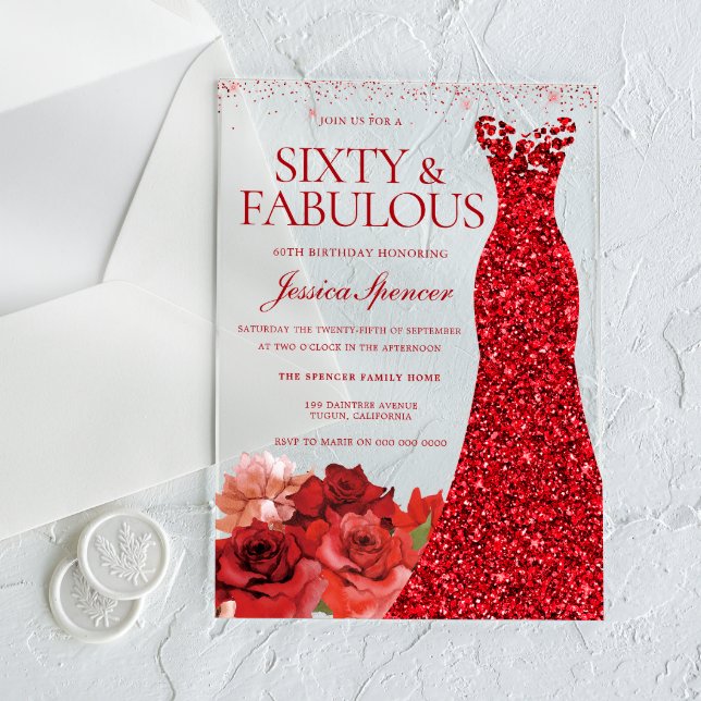 Invitations En Acrylique Sixty & Fabulous! Red Dress 60th Birthday Party (Créateur téléchargé)