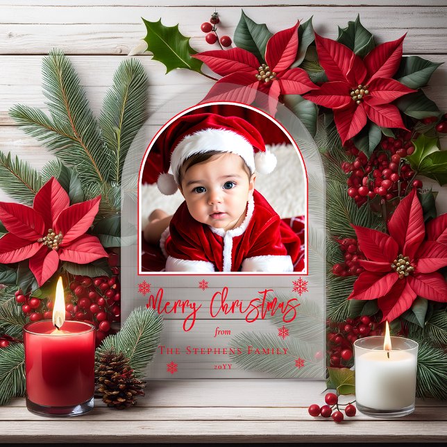 Invitations En Acrylique Snowflakes Arched Photo Joyeux voeux de Noël (Snowflakes Simple Modern Arched Photo "Merry Christmas" Family Greeting Acrylic Card)