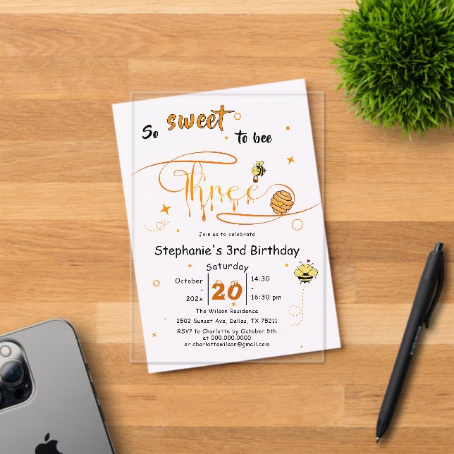 Invitations En Acrylique So Sweet To Bee Three Cute Honey Bee 3rd Birthday (Insitu (Carte d'invitation))