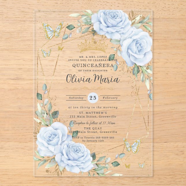 Invitations En Acrylique Soft Baby Blue Floral Butterflies Gold Quinceanera (Recto)