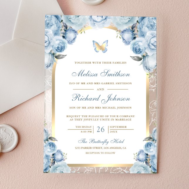 Invitations En Acrylique Soft Blue Floral Gold Arch Butterfly Wedding (Créateur téléchargé)