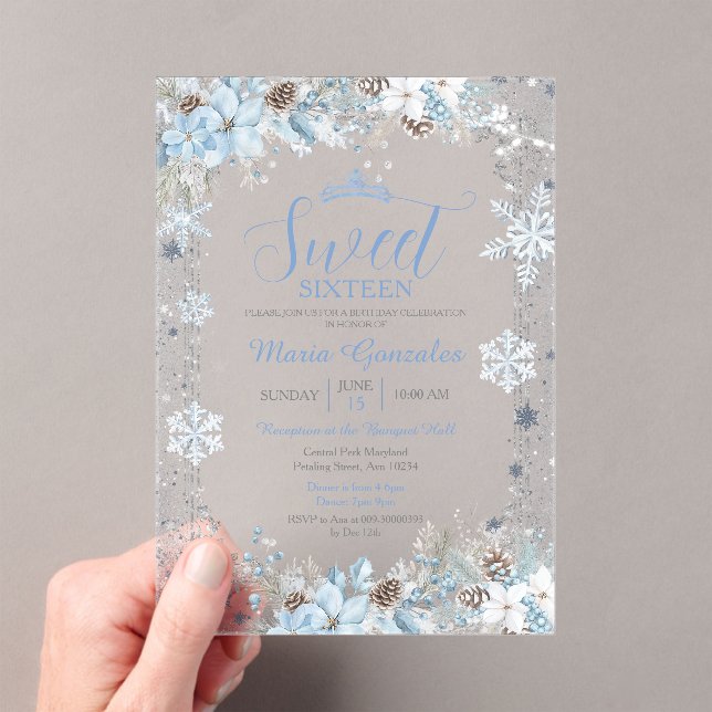 Invitations En Acrylique Soft Blue Winter Floral Christmas Sweet Sixteen (In situ (ordinateur de poche))