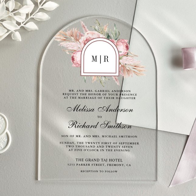 Invitations En Acrylique Soft Dusty Rose Pink Floral Pampas Wedding (Créateur téléchargé)