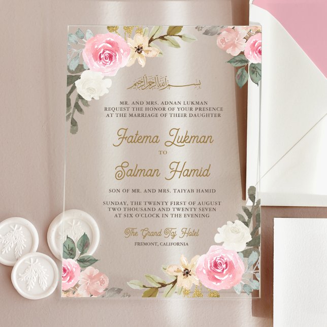 Invitations En Acrylique Soft Pastel Pink Floral Islamic Muslim Wedding (Créateur téléchargé)
