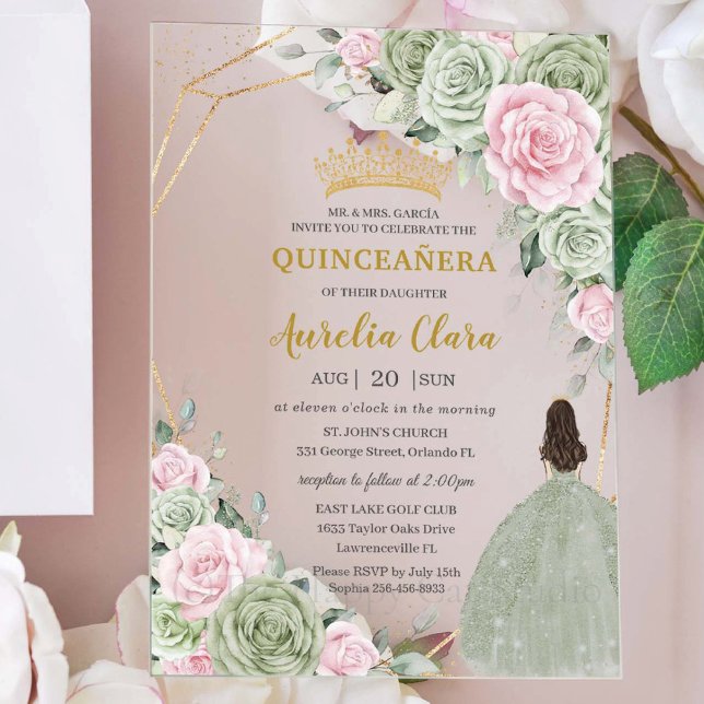 Invitations En Acrylique Soft Sage Green Pink Floral Gold Quinceañera (Créateur téléchargé)