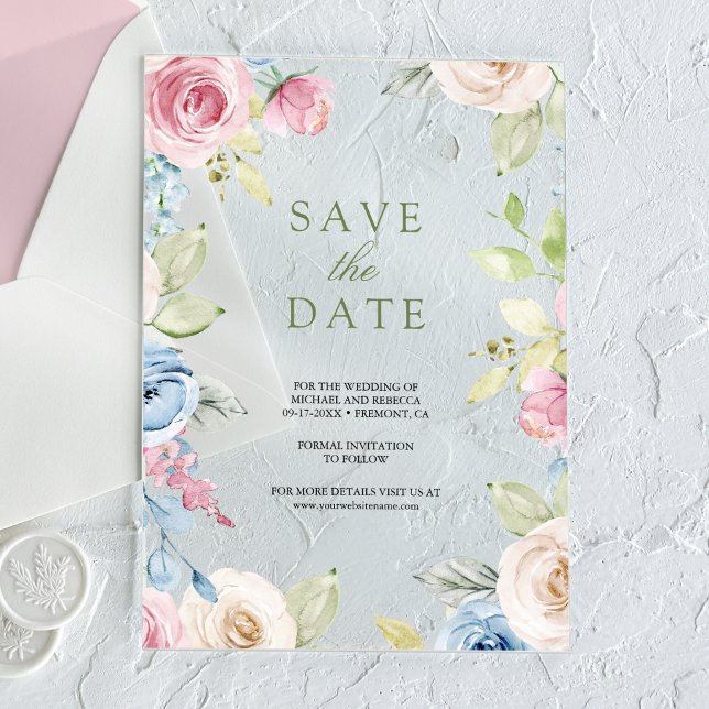 Invitations En Acrylique Soft Spring Floral Wedding Enregistrer la date (Créateur téléchargé)