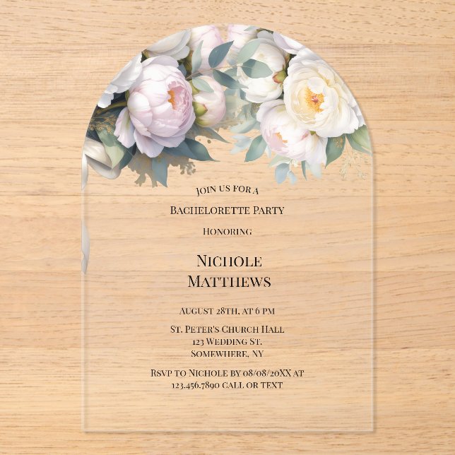 Invitations En Acrylique Soft White Peony with Eucalyptus Bachelorette (Recto)