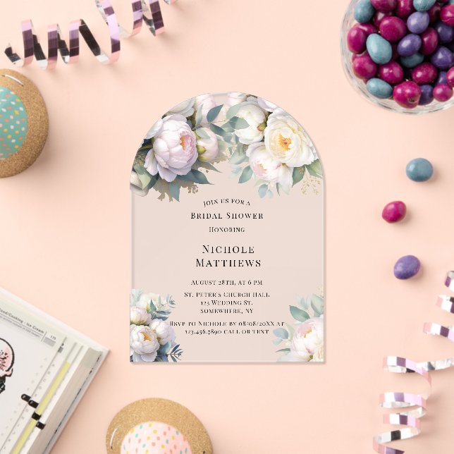 Invitations En Acrylique Soft White Peony with Eucalyptus Bachelorette (Insitu (Célébration))