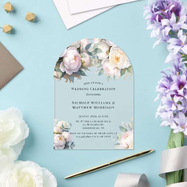 Invitations En Acrylique Soft White Peony with Eucalyptus Wedding (Insitu (Mariage))