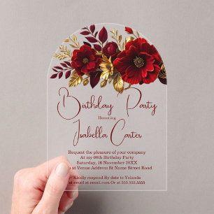 Invitations En Acrylique Soirée d'Anniversaire Fleurs rouges or
