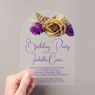Invitations En Acrylique Soirée d'anniversaire Purple Gold Flowers