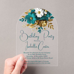 Invitations En Acrylique Soirée d'anniversaire Turquoise Fleurs d'or blanc