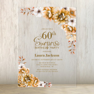 Invitations En Acrylique Soirée de 60e anniversaire élégante Orange Floral 