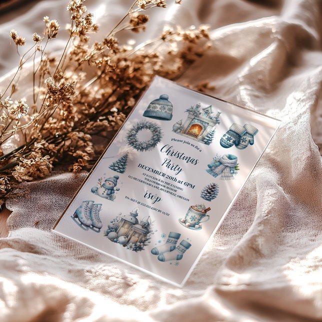 Invitations En Acrylique Soirée de Noël bleu rustique (Créateur téléchargé)