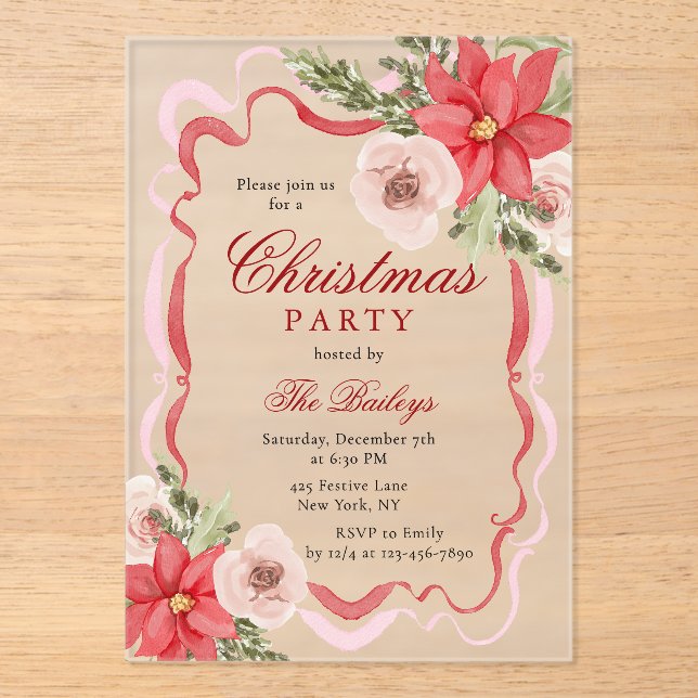 Invitations En Acrylique Soirée de Noël Florale Coquette (Recto)