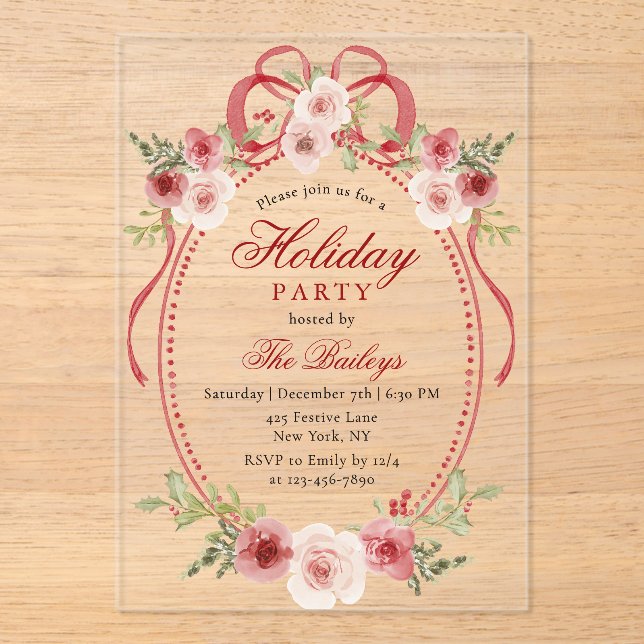 Invitations En Acrylique Soirée de Noël Florale Coquette (Recto)