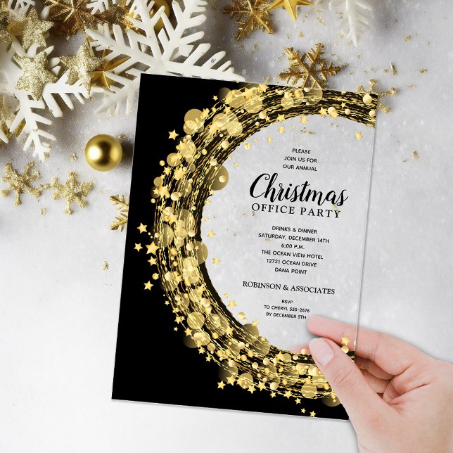 Invitations En Acrylique Soirée de Noël Gold Star Wreath (Gold twinkling star wreath ACRYLIC Christmas party invitations)