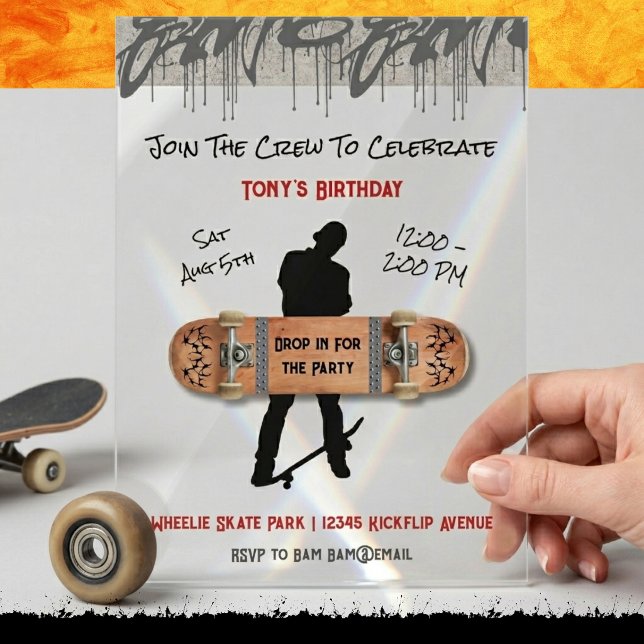 Invitations En Acrylique Soirée de skateboard graffiti urbain (Epic skateboard crew birthday invite. Modern clear acrylic with gritty street art & graffiti drips.)