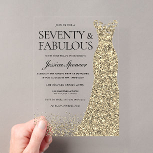Invitations En Acrylique Soirée des 70 ans d'une femme en robe dorée