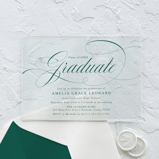 Invitations En Acrylique Soirée élégante de Graduation de Script Vert (Créateur téléchargé)