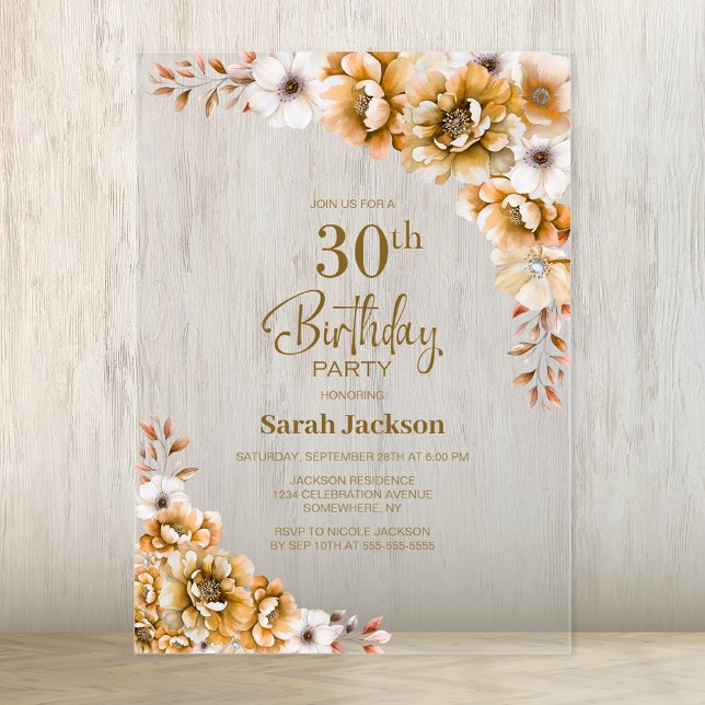 Invitations En Acrylique Soirée florale orange 30e anniversaire (Créateur téléchargé)