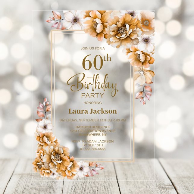 Invitations En Acrylique Soirée Florale Orange moderne 60e anniversaire (Créateur téléchargé)