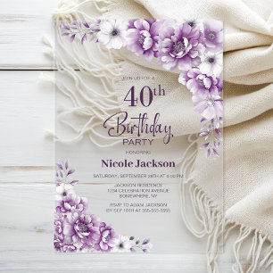 Invitations En Acrylique Soirée stylish Rose Floral 40e anniversaire