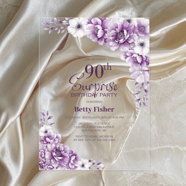 Invitations En Acrylique Soirée stylish Rose Floral Surprise 90e anniversai (Créateur téléchargé)