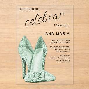 Invitations En Acrylique Sophistiqué Vert Féminin Anniversaire Espagnol