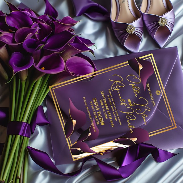 Invitations En Acrylique Sophistiqué violet Calla Lily Mariage (Sophisticated Purple and Gold Calla Lily Acrylic Wedding Invitations/ In clear or frosted )